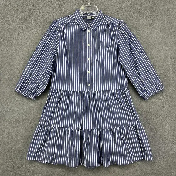 GAP Shirt Dress Womens Large Blue Striped Button Front Tiered Cotton Pockets - Picture 1 of 16